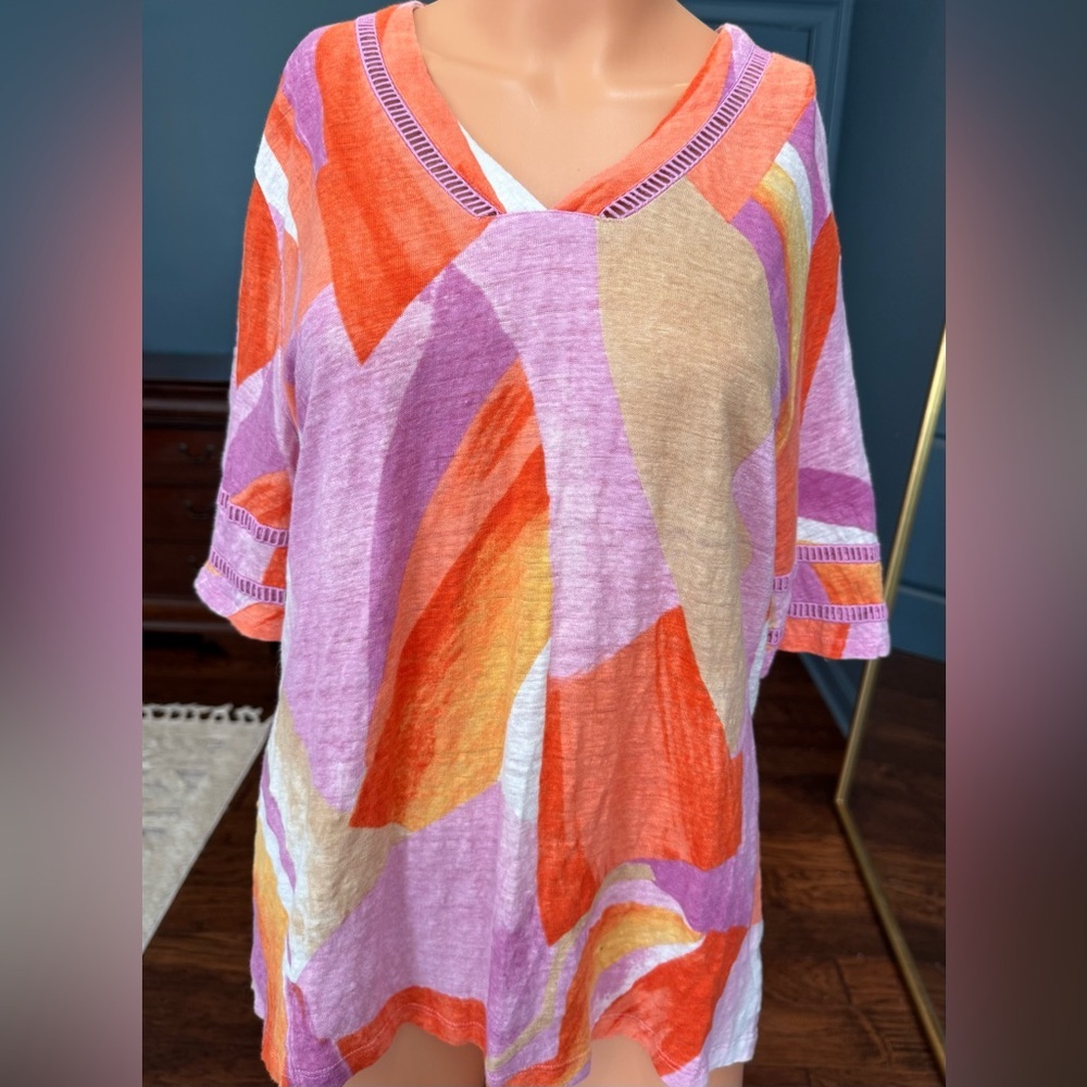 Chico's Linen Tunic Top Colorblock V Neck Oversized Boho Beach L - Picture 2 of 7